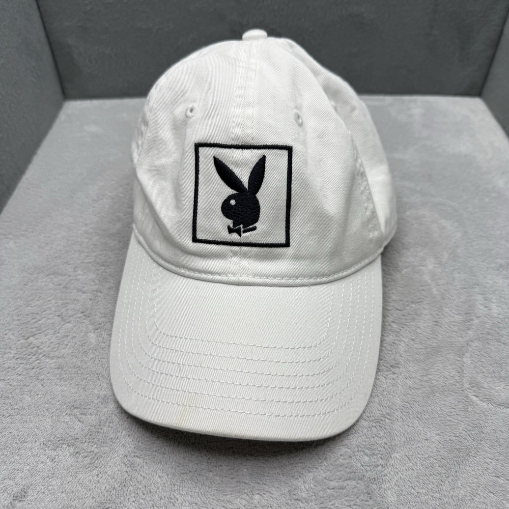 Playboy Bunny Logo White Strapback Hat Black Embroidered Cotton Cap One Size